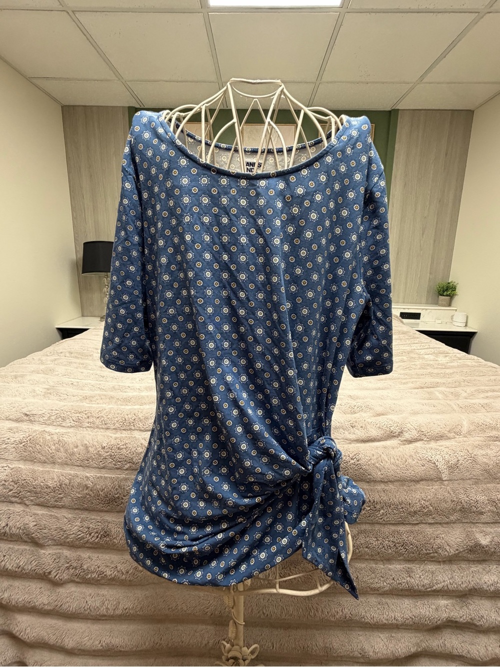 Lands’ End Women’s M Blue Floral Side Tie Tunic Top TENCEL 3/4 Sleeve NWT
